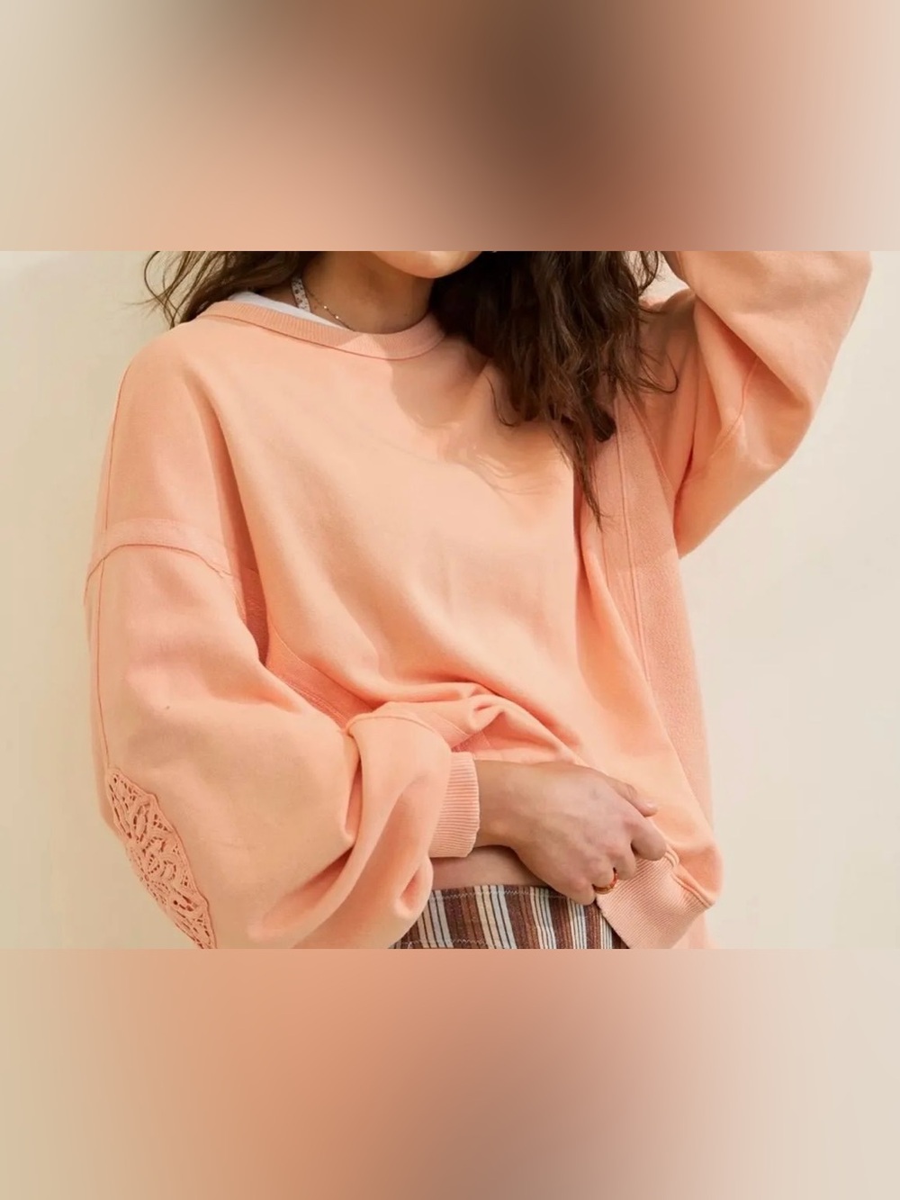 Aerie Keep It Light Crochet Crew Sweatshirt-Peach